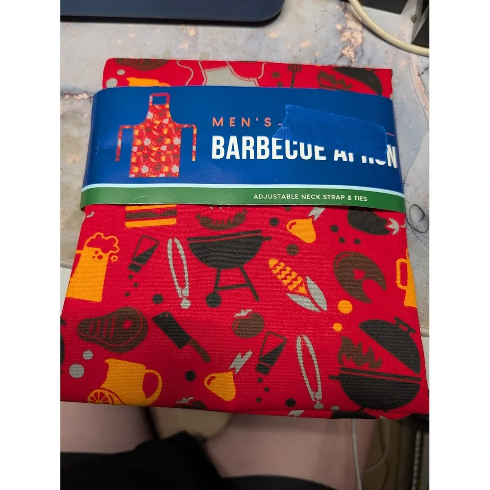 Mens Barbecue Apron Red Cotton Grilling BBQ Print Adjustable Neck Strap New
